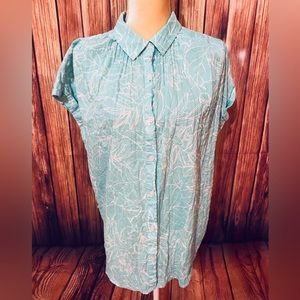 Women’s 0X Blouse ANA Button Down Short Sleeves Floral Crushed Texture Soft